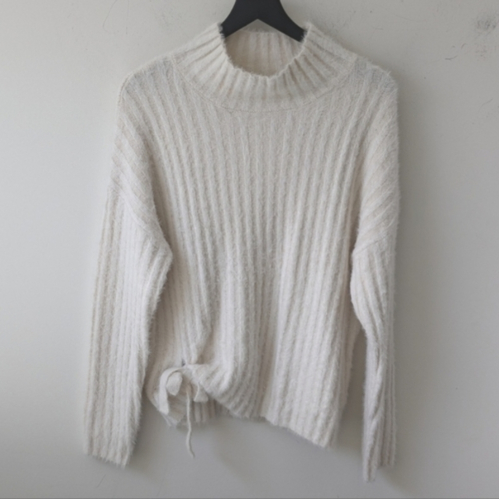 Mersea Chalet Tie Sweater Ribbed Cream Knit Pullover Mock Neck Size L/XL